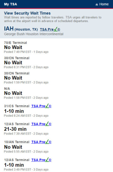 Current time in IAH and TSA wait times for BWI, DCA